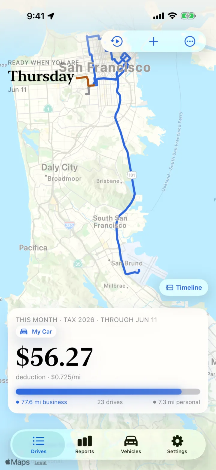 MileMarker on iPhone: a mapped drive with this month's mileage deduction and classified drives