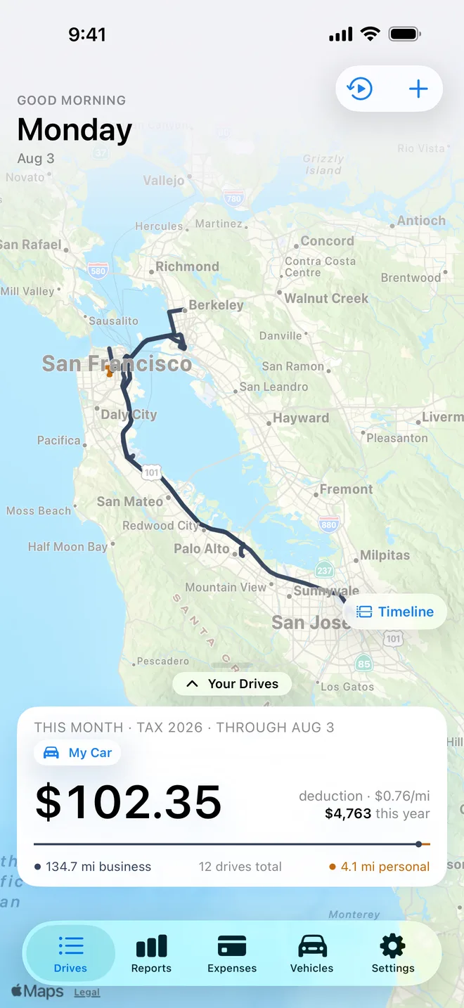 MileMarker on iPhone: a mapped drive with this month's mileage deduction and classified drives