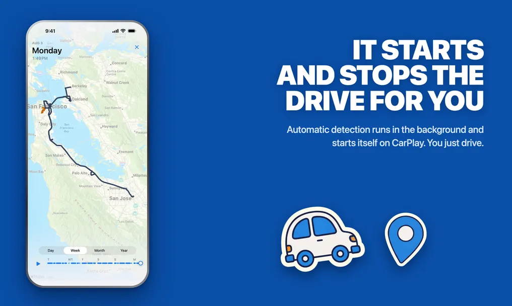 MileMarker launch poster: it starts and stops the drive for you
